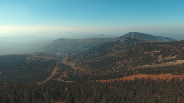 Aerial View Of Nature. Panorama Mountain Area At Sunset.