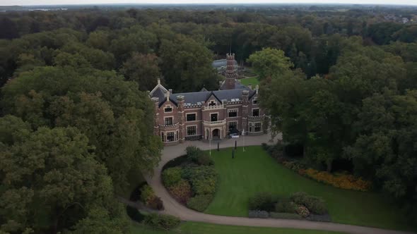 Aerial reveal of beautiful Schaffelaar castle in Barneveld, the Netherlands