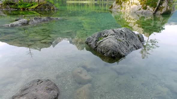 Mountain lake Hintersee at dawn in the Alps in Germany