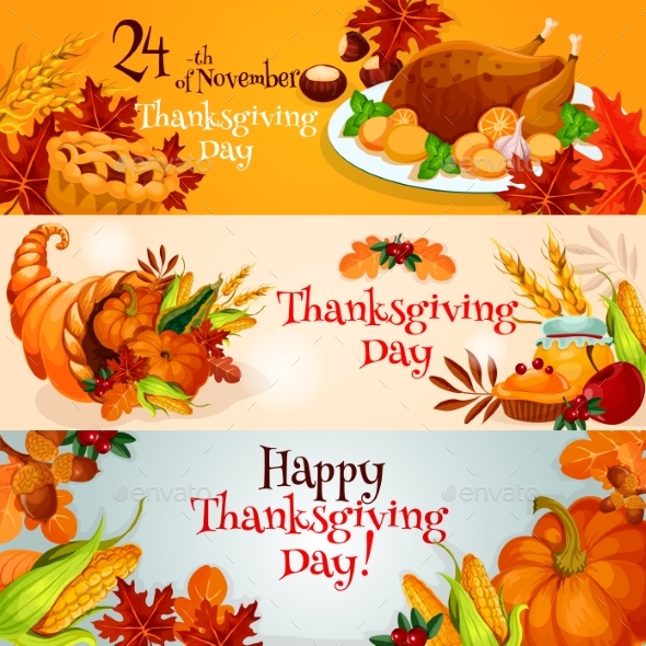 Thanksgiving Day Banners with Traditional Elements