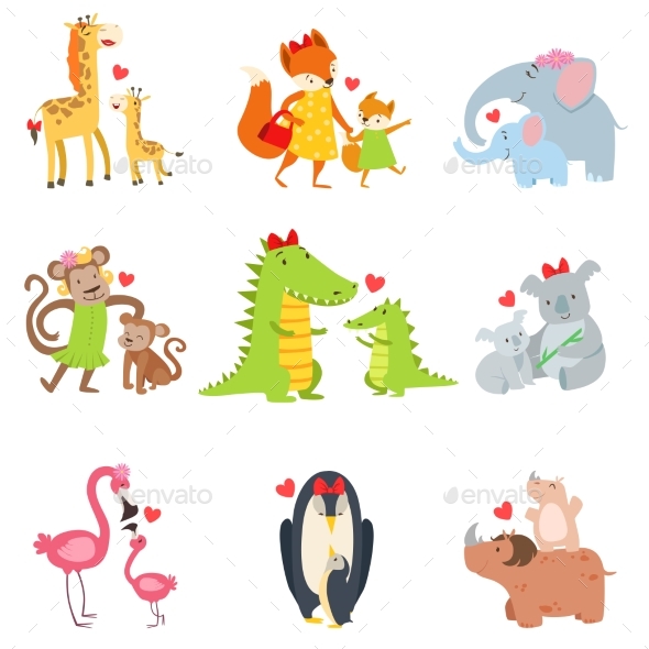 Small Animals And Their Moms Illustration Set
