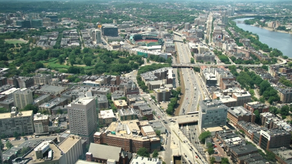 Boston Skyline Including Fenway Park And Interstate Highway