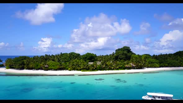 Aerial flying over landscape of idyllic shore beach adventure by blue water with white sandy backgro