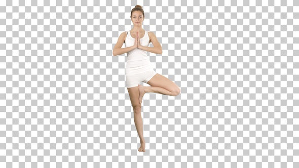 Tree Pose Standing on One Leg, Hands in Namaste, Prayer Gesture,