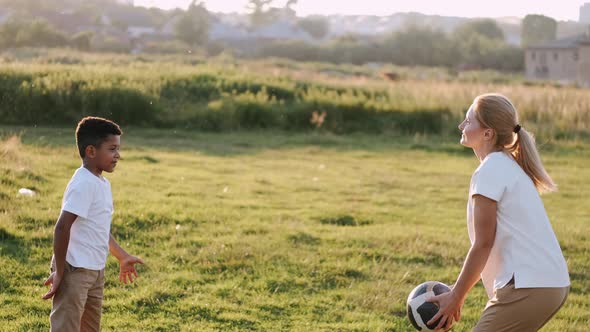 Mother and Son Are Playing with a Ball in a Summer Field