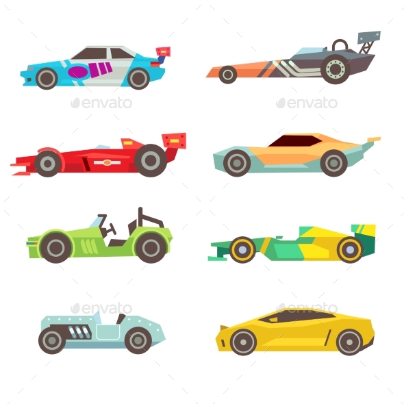 Sport Racing Car Flat Vector Icons Isolated