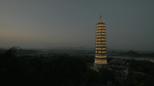Bai Dinh Temple With Illuminated Tower At Night, Vietnam