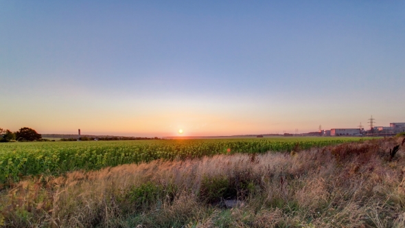 Field, Beautiful Sunrise And Blue Sky With Clouds