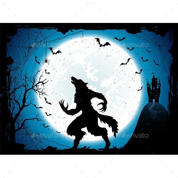 Blue Halloween Background with Castle and Werewolf