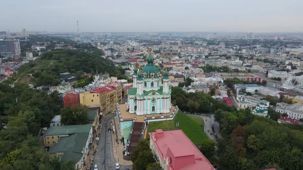Aerial Shot The City Kyiv. St. Andrew's Church. Ukraine