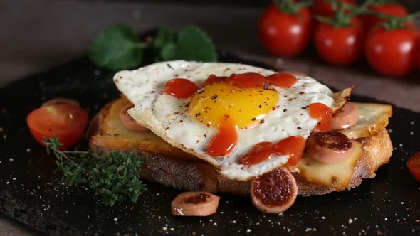 Pouring ketchup over open sandwich