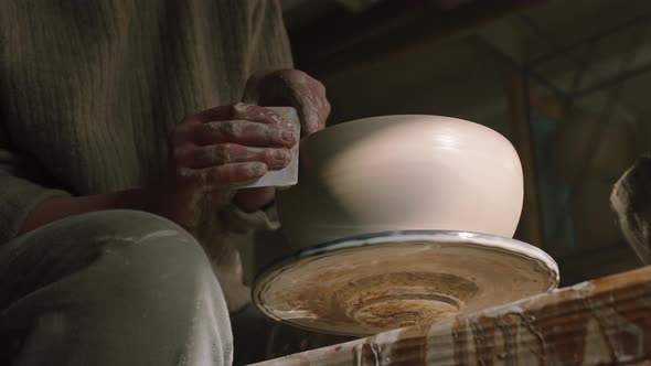 Potter Is Making Pot of Raw Clay On Potter's Wheel