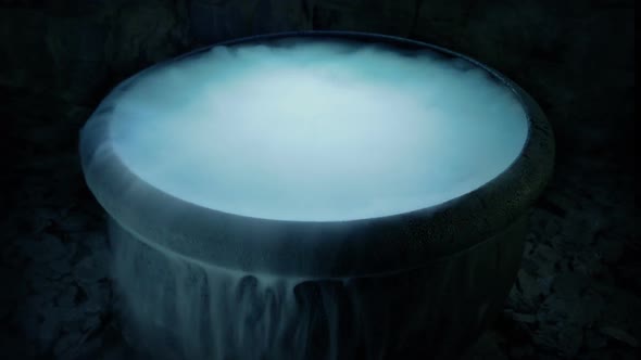 Wizard's Cauldron Glowing And Smoking In The Dark