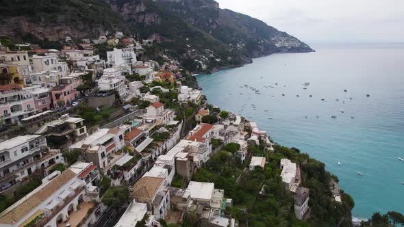 Positano City Vacation Homes and Bay in Amalfi Coast, Drone Pedestal Down View
