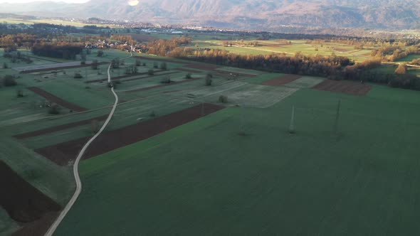 Flying over farmland and countryside on a spring morning