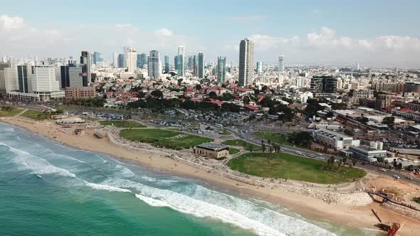 Aerial view of Tel Aviv and sea, Tel-Aviv, Israel.