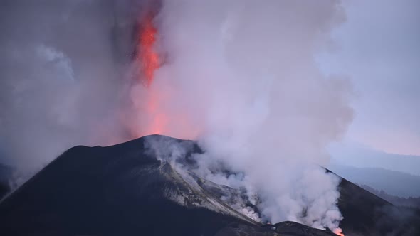 Volcano eruption with thick smoke in Canary Islands