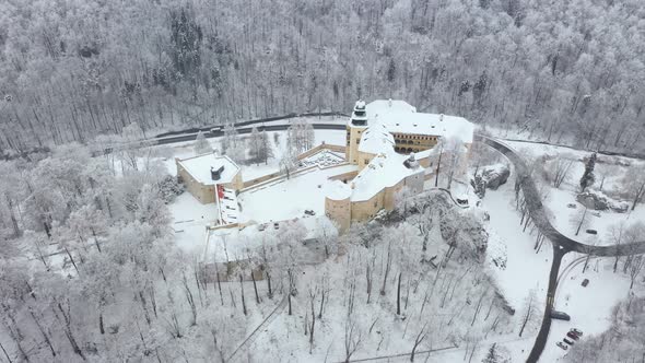 Aerial View Oh Historic Renaissance Castle Pieskowa Skala Near Krakow in Poland in Winter