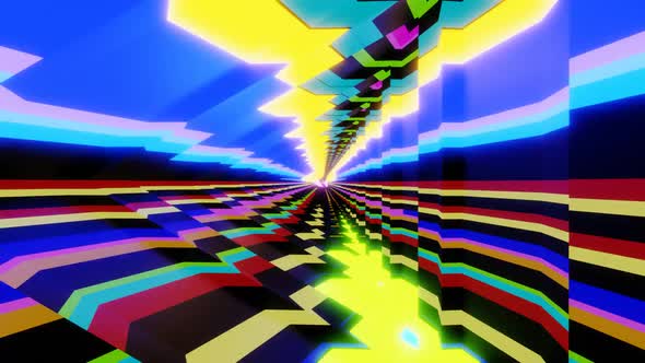 Multicolored neon flickering triangular tunnel.