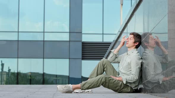 Thoughtful Businessman Boss Thinking Guy Try Solve Problem Pose on Glass Building Background Worried