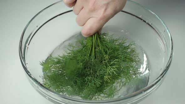 Female Hand Washes a Bunch of Dill in a Glass Bowl with Clean Water, Slow Motion. Fresh Greens in