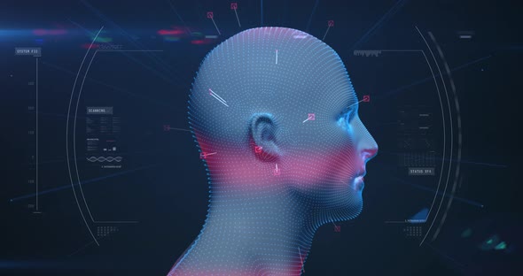 Human head model spinning against data processing on black background