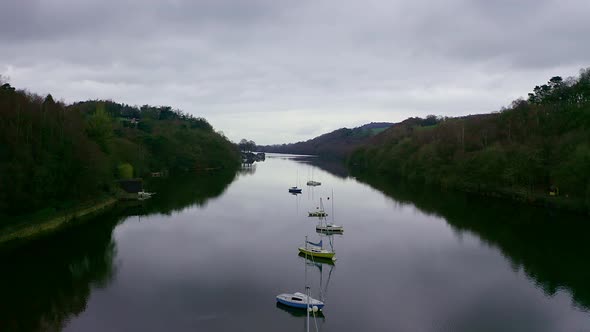 Beautiful aerial view, footage of Rudyard Lake in the Derbyshire Peak District National Park, popula