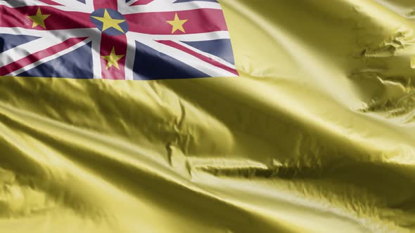 Niue textile flag waving on the wind. Slow motion. 20 seconds loop. 