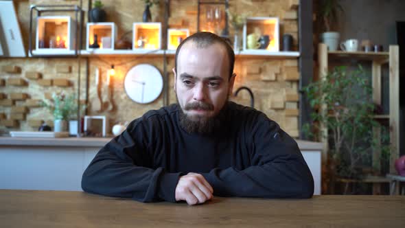 Alone Young Man with Beard Sad in Depression