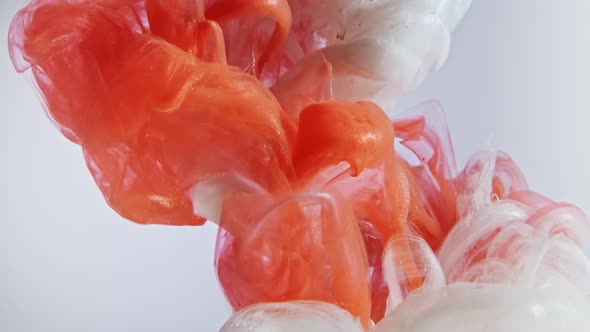 Coral and white nacreous paint in water against white background. alt