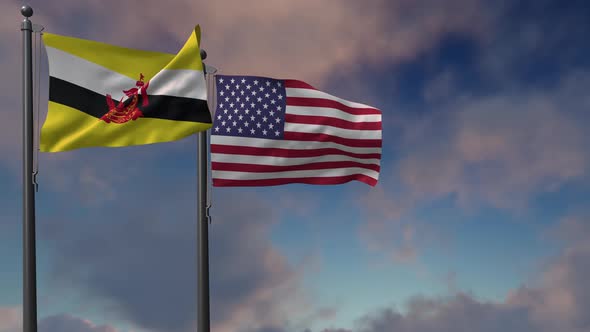 Brunei Flag Waving Along With The National Flag Of The USA - 4K