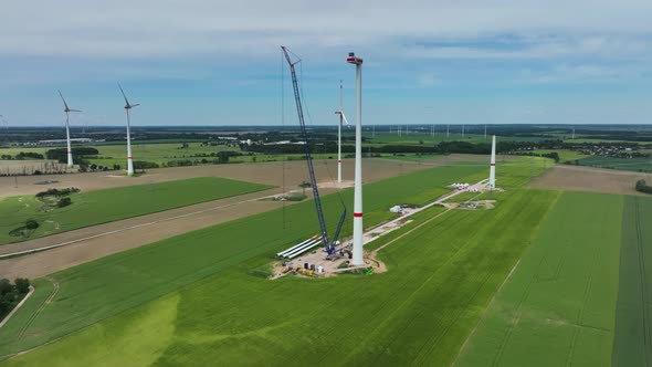 Aerial View of wind turbine during maintenance, Krummensee, Werneuchen.