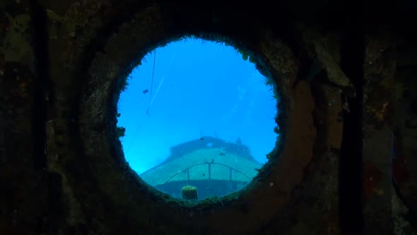 Shipwreck's bow from inside the pilothouse