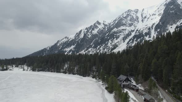 Tatra Mountain with Frozen Poprad lake (Popradske pleso), Aerial View