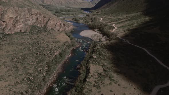 Valley Chulyshman with river and and mountains with blue clear sky in Altai