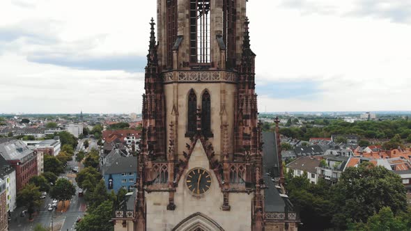 Rising pan shot & close-up footage of the historical Great Saint Martin Church of Cologne, Germany