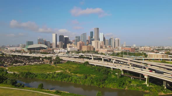 Flying toward Houston skyline