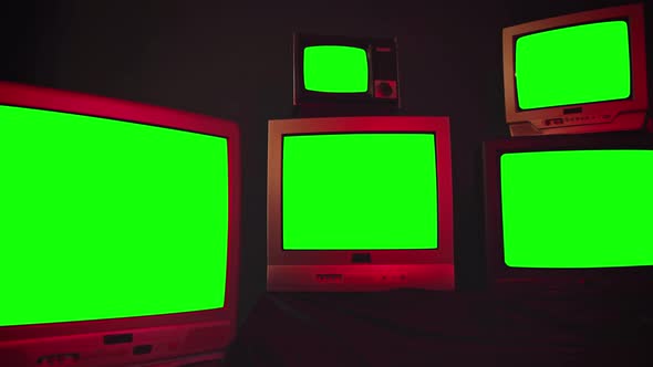 Old Retro Color Tv Sets Multiple Green Screen Retro Vintage TV
