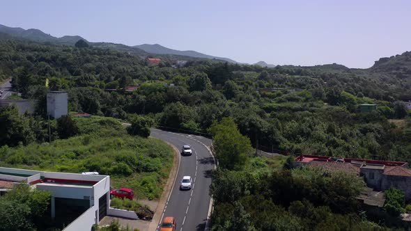 Aerial View of the Landscape of the Northern Part of Tenerife - Rich Green Vegetation, Traffic on