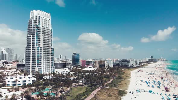 Amazing Aerial View of Miami Beach Coastline From Drone on a Sunny Day Slow Motion