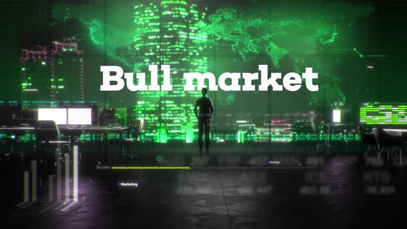 Finance Businessman in Office With Bull Market Text