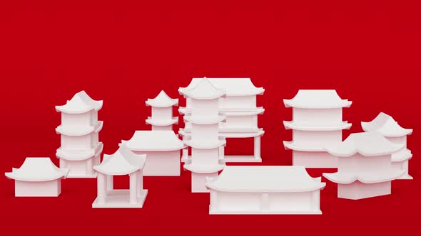 3D Chinese ancient city with white houses on a red background. Minimal modern motion design