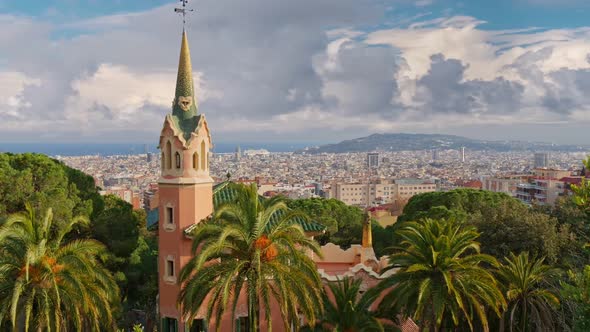 Barcelona, Spain. View From Guell Park. Zoom Out Shot of Barcelona City