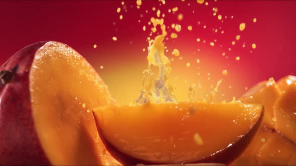 Slow Motion Shot of Mango Juice Splashing Through Mango Slices