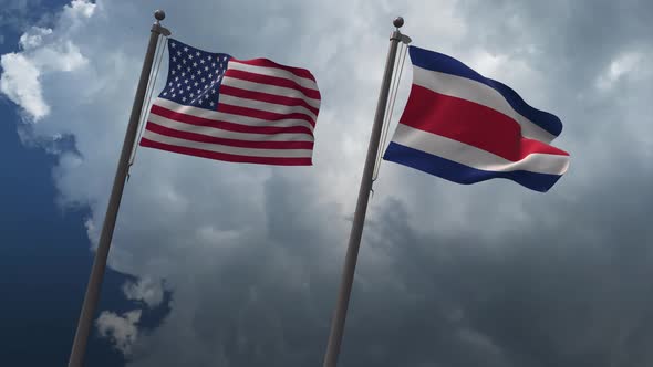 Waving Flags Of The United States And The Costa Rica 4K