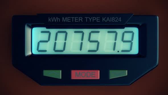 Digital electricity meter showing household consumption in kilowatt hours.