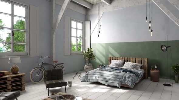 Loft Attic Bedroom With Messy Bed, Leather Armchairs, Coffee Table And Bicycle.