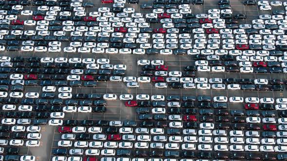 Lines of Finished Cars at Warehouse Site Bird Eye View