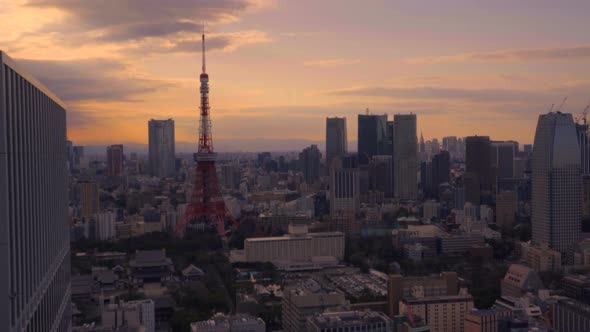 Arial view city of Tokyo tower in sunset time