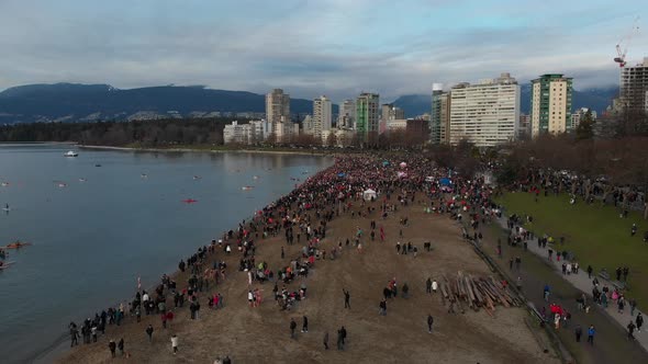 Various drone shots at English Bay near downtown Vancouver, BC during Polar Bear 2019 event